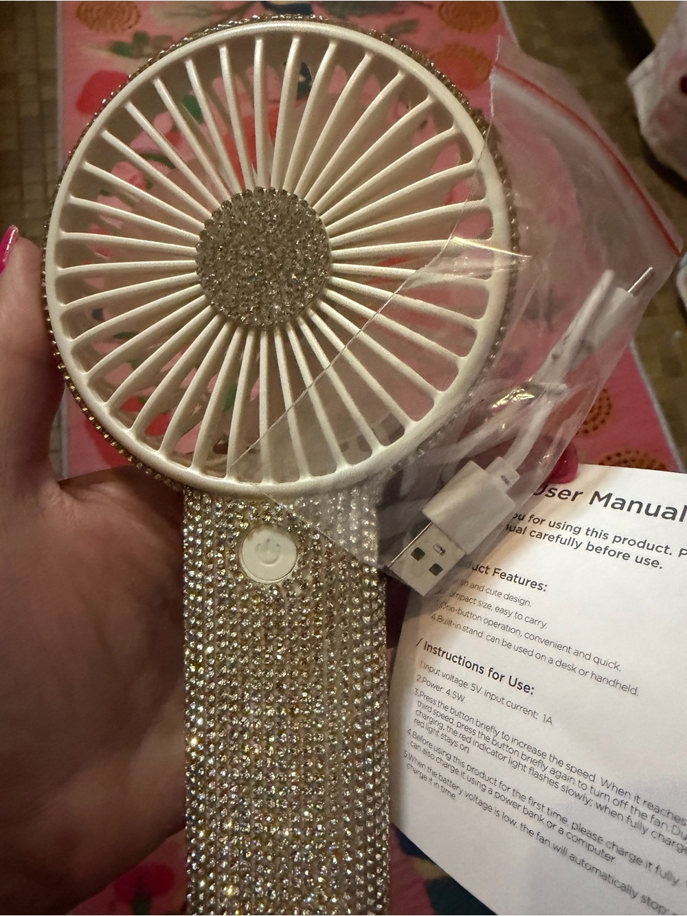 Crystal-Embellished Handheld Fan  - USB charger included